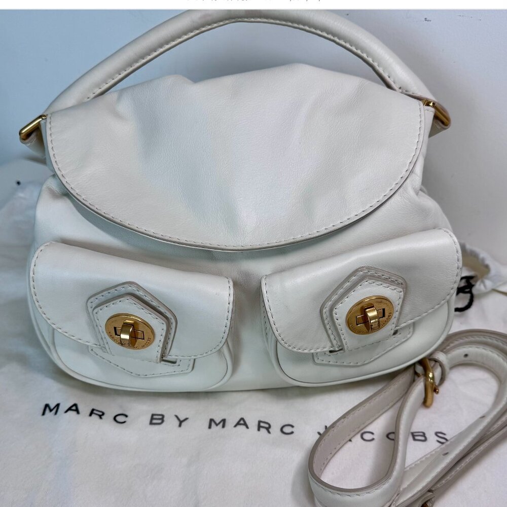 Marc by Marc Jacobs White Leather Top-Handle Crossbody Tote with Gold Hardware